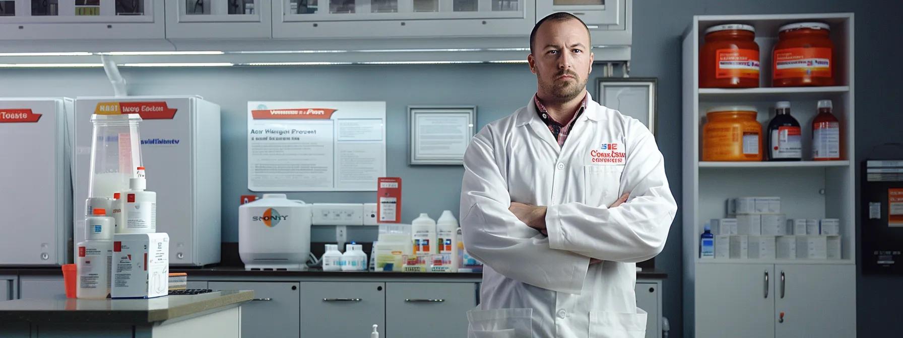 a sleek, modern pest control office with a confident technician standing beside a display of effective rodent control products, showcasing their features against a backdrop of educational posters debunking common myths about pest solutions.