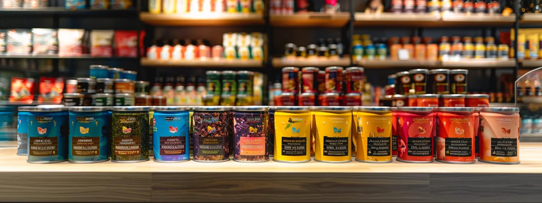 a sleek, modern pet food display featuring vibrant cans of grain-free wet dog food arranged on a polished counter, highlighting their colorful labels and showcasing the variety of meat-based ingredients and nutritional benefits. a sleek, modern pet food display featuring vibrant cans of grain-free wet dog food arranged on a polished counter, highlighting their colorful labels and showcasing the variety of meat-based ingredients and nutritional benefits.