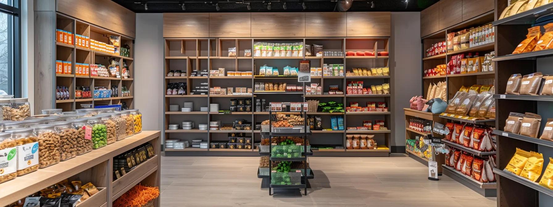 a sleek, modern pet supply store interior showcases a prominent display of hypoallergenic dog treats, highlighting vibrant packaging and clear nutritional information, with a backdrop of minimalist shelving and soft, focused lighting to emphasize the quality and health benefits of these products.