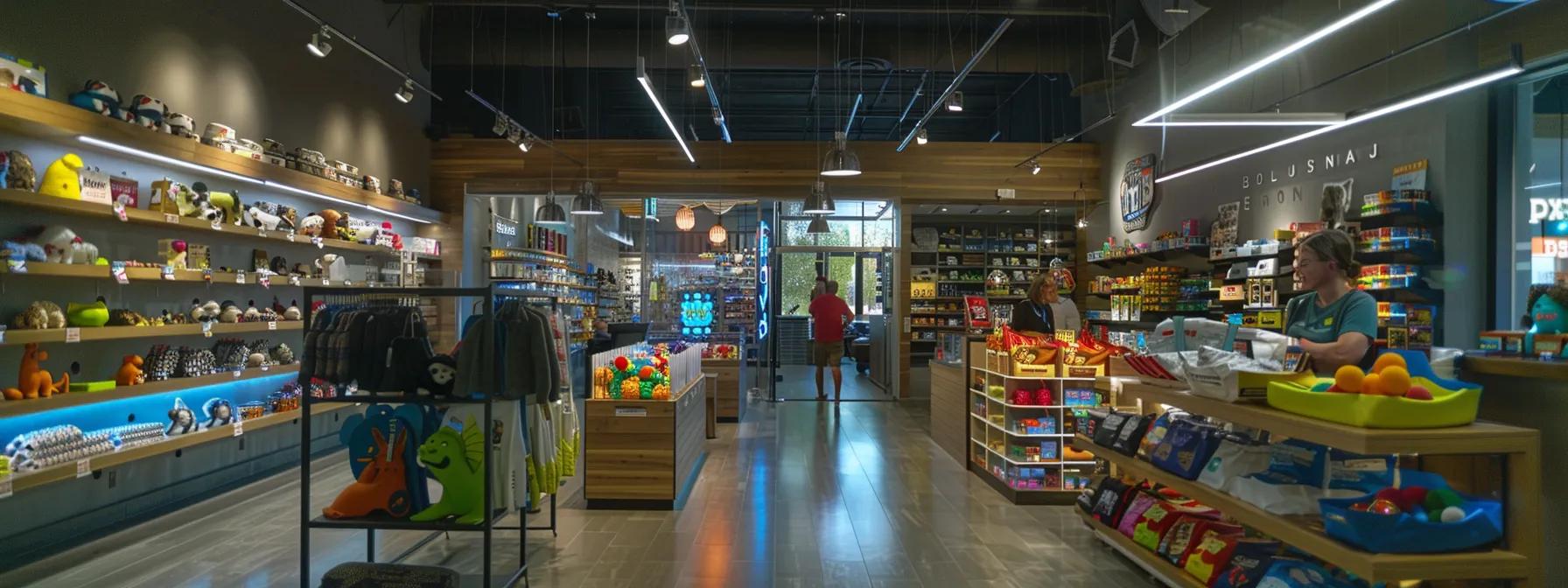 a sleek, modern pet store interior showcases a vibrant display of durable chew toys, emphasizing safety features and materials, with a knowledgeable staff member engaging with a customer about proper toy choices for aggressive chewers.