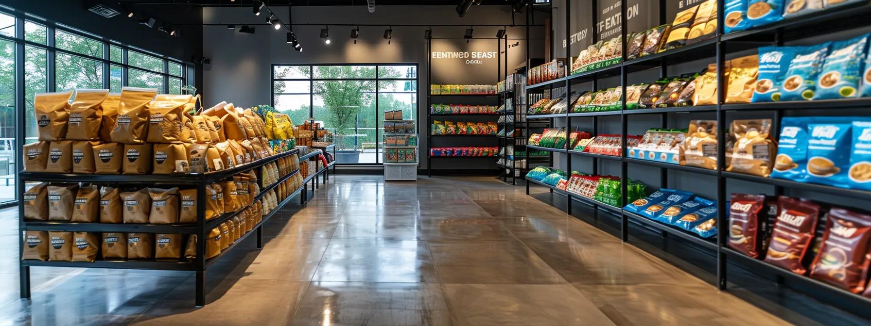 a sleek, modern pet food store interior showcases prominently displayed bags of high-quality grain-free puppy food brands, highlighting their vibrant packaging and key nutritional labels under bright, focused lighting. a sleek, modern pet food store interior showcases prominently displayed bags of high-quality grain-free puppy food brands, highlighting their vibrant packaging and key nutritional labels under bright, focused lighting.