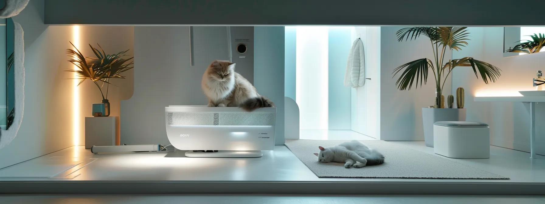 a sleek, modern pet grooming room features the innovative purrfectdry cat dryer in action, softly enveloping a relaxed cat in a gentle, warm stream of air, with the bright, minimalistic furnishings promoting a calming atmosphere for both the pet and owner. a sleek, modern pet grooming room features the innovative purrfectdry cat dryer in action, softly enveloping a relaxed cat in a gentle, warm stream of air, with the bright, minimalistic furnishings promoting a calming atmosphere for both the pet and owner.