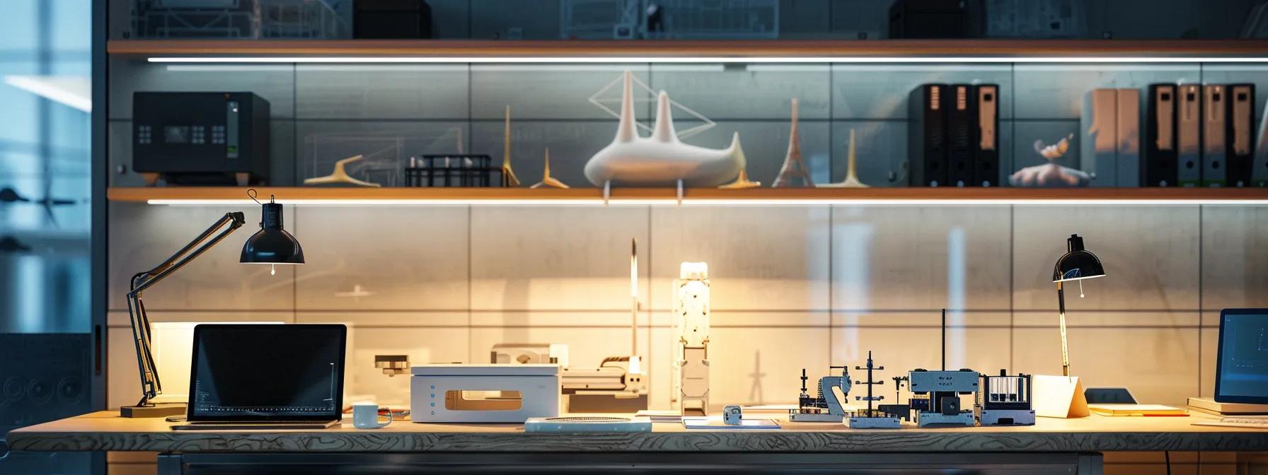 a sleek, modern prototype development workshop with advanced 3d printers in action, displays various simplified design models on a polished workbench, illuminated by focused overhead lights that emphasize the efficiency and innovation in rapid prototyping techniques.