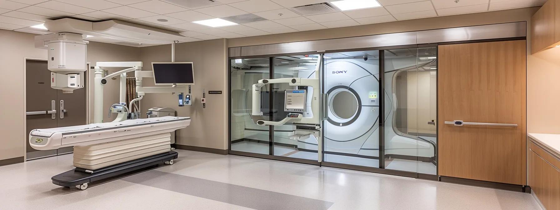a sleek, modern radiology room features a large, transparent lead glass panel that allows physicians to monitor patients undergoing x-rays while ensuring complete safety from radiation exposure, highlighted by soft, sterile lighting and high-tech imaging equipment.