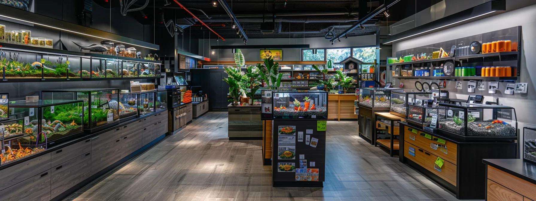 a sleek, modern reptile supply store interior showcases various colorful terrarium supplies in organized displays, highlighting the affordability and variety available for reptile enthusiasts. a sleek, modern reptile supply store interior showcases various colorful terrarium supplies in organized displays, highlighting the affordability and variety available for reptile enthusiasts.
