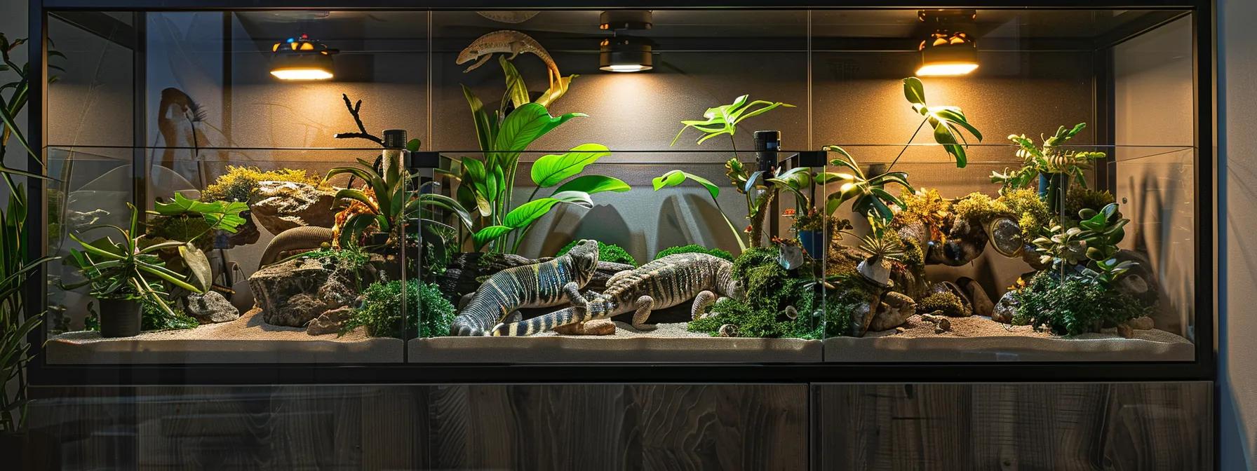a sleek, modern reptile vivarium showcases various heat lamps at different levels, highlighting their tailored placements for optimal species-specific care in a well-organized indoor environment. a sleek, modern reptile vivarium showcases various heat lamps at different levels, highlighting their tailored placements for optimal species-specific care in a well-organized indoor environment.