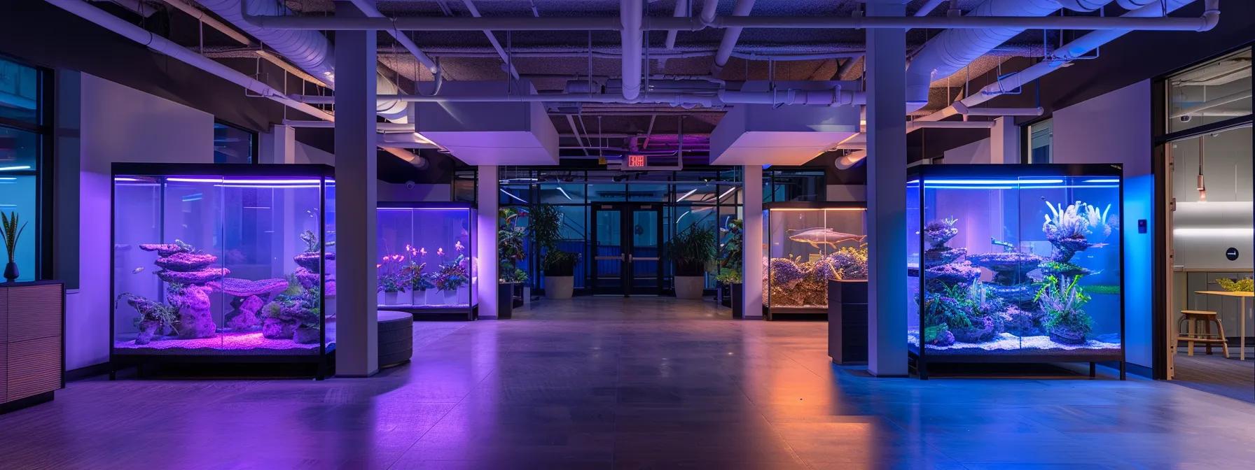 a sleek, modern reptile habitat design showcased in a high-tech urban office, featuring customized enclosures with distinct thermal gradients and humidity controls, each tailored for different species, all illuminated by dynamic, vibrant led lighting. a sleek, modern reptile habitat design showcased in a high-tech urban office, featuring customized enclosures with distinct thermal gradients and humidity controls, each tailored for different species, all illuminated by dynamic, vibrant led lighting.