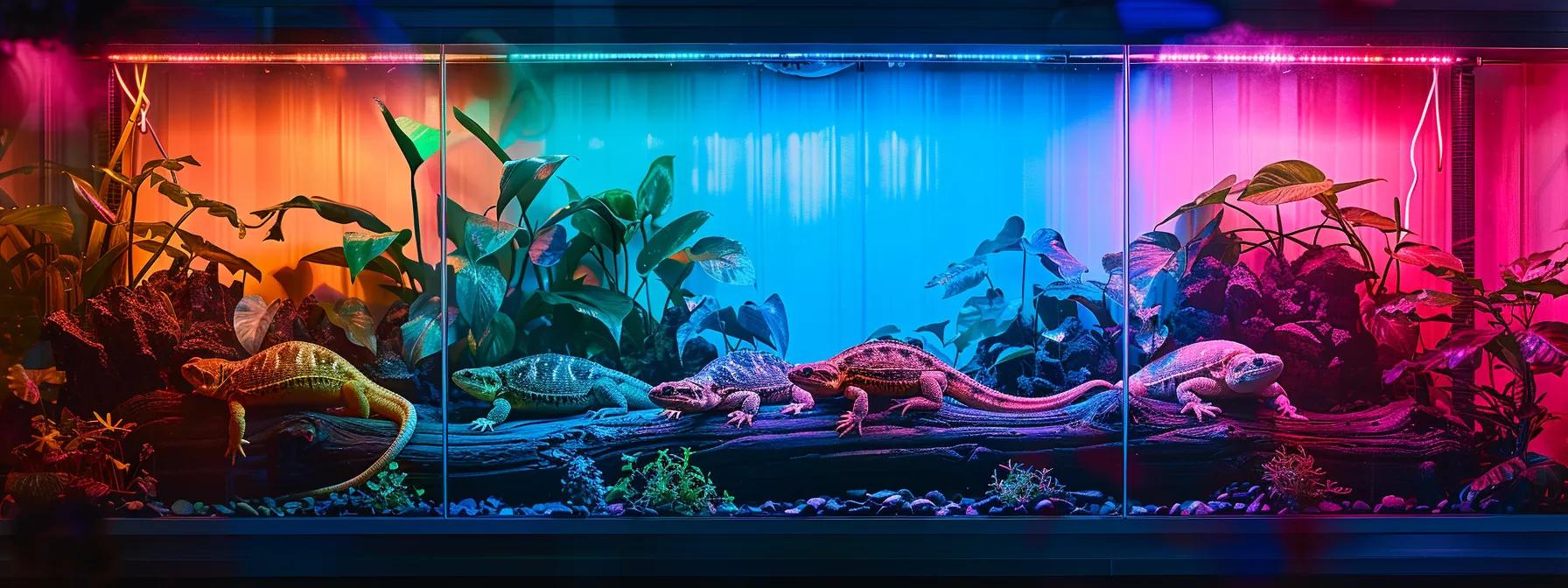 a sleek, modern reptile habitat illuminated by high-tech uva, uvb, and uvc lighting, showcasing vibrant reptiles basking under carefully calibrated artificial sunlight in a stylish urban pet shop display. a sleek, modern reptile habitat illuminated by high-tech uva, uvb, and uvc lighting, showcasing vibrant reptiles basking under carefully calibrated artificial sunlight in a stylish urban pet shop display.