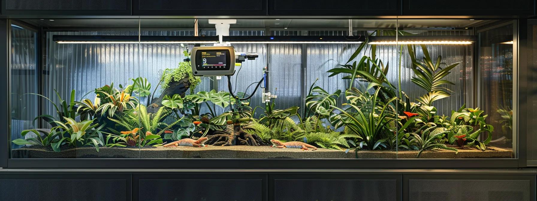 a sleek, modern reptile enclosure is displayed in a well-lit laboratory setting, featuring a sophisticated digital hygrometer mounted on the transparent glass, showcasing precise humidity readings amid carefully arranged substrates and decorations that create a controlled habitat. a sleek, modern reptile enclosure is displayed in a well-lit laboratory setting, featuring a sophisticated digital hygrometer mounted on the transparent glass, showcasing precise humidity readings amid carefully arranged substrates and decorations that create a controlled habitat.