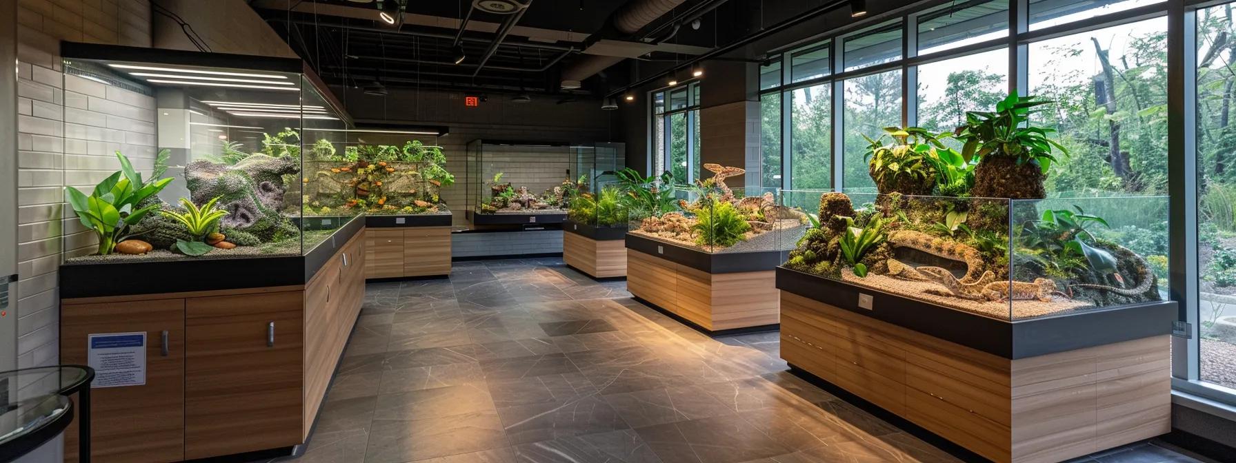 a sleek, modern reptile care facility showcases various terrariums, each meticulously calibrated with digital temperature displays, illustrating the ideal heat settings for bearded dragons, leopard geckos, ball pythons, and corn snakes. a sleek, modern reptile care facility showcases various terrariums, each meticulously calibrated with digital temperature displays, illustrating the ideal heat settings for bearded dragons, leopard geckos, ball pythons, and corn snakes.