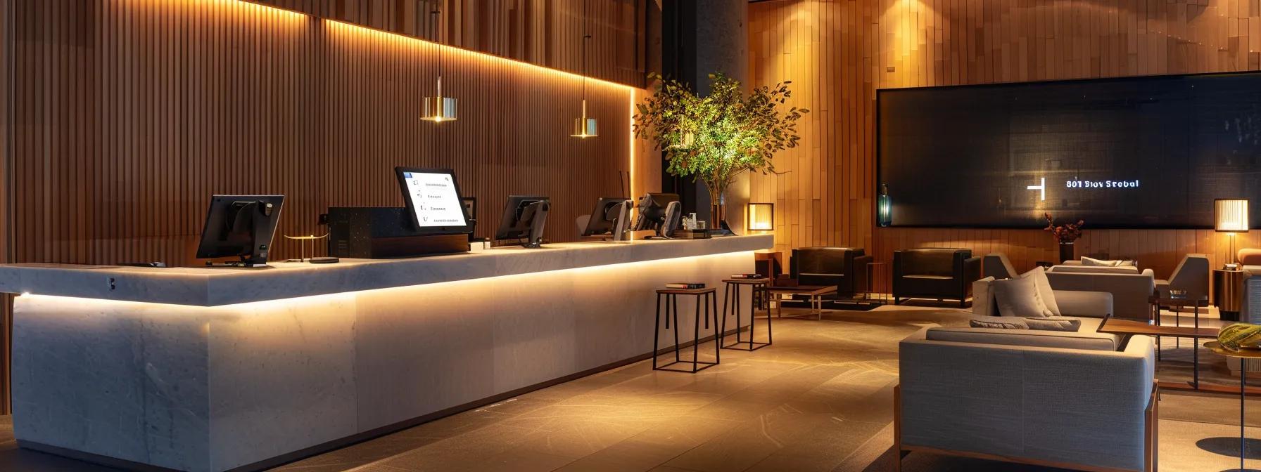 a sleek, modern restaurant reception area features a voice ai interface displaying booking confirmations on an elegant touchscreen, illuminated by warm, ambient lighting that enhances the inviting atmosphere. a sleek, modern restaurant reception area features a voice ai interface displaying booking confirmations on an elegant touchscreen, illuminated by warm, ambient lighting that enhances the inviting atmosphere.