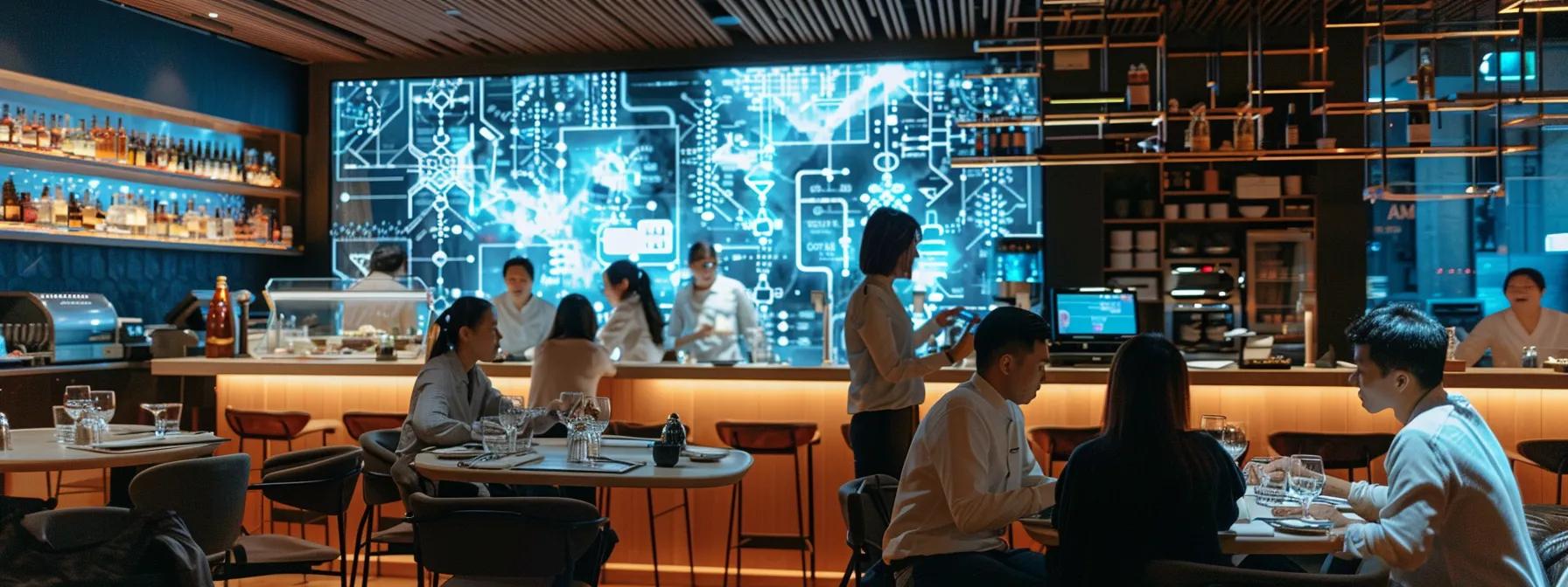 a sleek, modern restaurant interior features a glowing digital interface showcasing voice ai reservation management, surrounded by attentive staff and satisfied diners engaged in conversation. a sleek, modern restaurant interior features a glowing digital interface showcasing voice ai reservation management, surrounded by attentive staff and satisfied diners engaged in conversation.