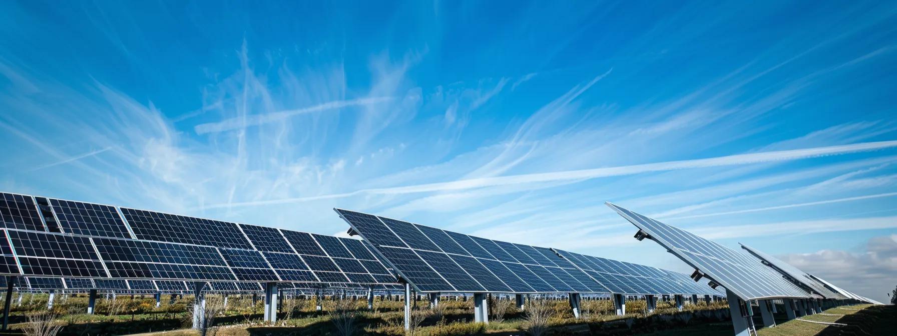 a sleek, modern solar energy facility showcases a series of intelligent tracking systems actively adjusting solar panels under a bright blue sky, emphasizing advanced technology and the future of sustainable energy. a sleek, modern solar energy facility showcases a series of intelligent tracking systems actively adjusting solar panels under a bright blue sky, emphasizing advanced technology and the future of sustainable energy.
