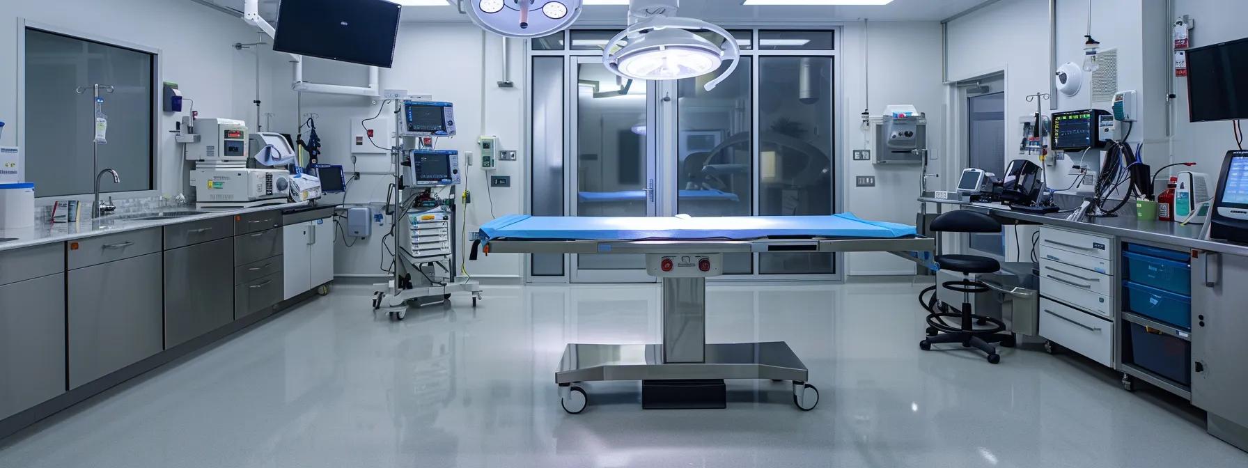 a sleek, modern surgical room showcases a clear lead glass window providing optimal visibility while ensuring radiation protection, with advanced medical equipment prominently displayed in a sterile and high-tech environment.