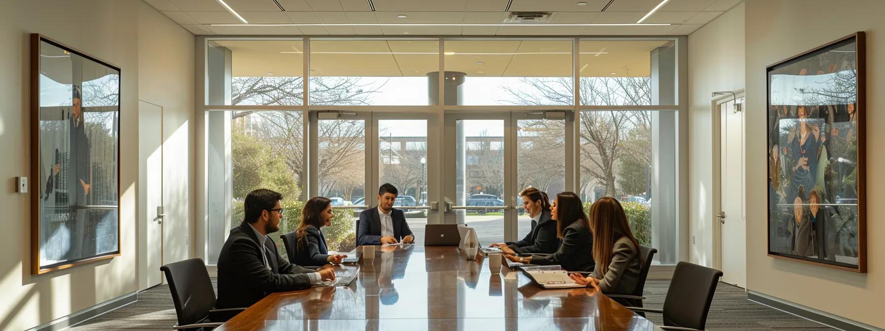 a sleek, modern texas law office features a polished conference table surrounded by professionals engaged in a dynamic discussion about divorce legal services, with documents and a laptop open, showcasing a business-oriented atmosphere of strategy and negotiation. a sleek, modern texas law office features a polished conference table surrounded by professionals engaged in a dynamic discussion about divorce legal services, with documents and a laptop open, showcasing a business-oriented atmosphere of strategy and negotiation.