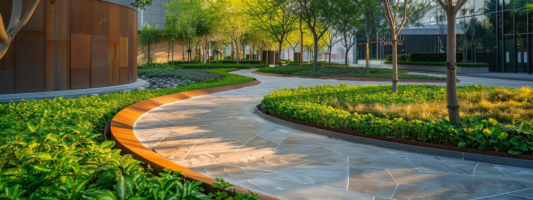 a sleek, modern urban pathway showcases advanced metal landscape edging in a dynamic arrangement, emphasizing innovative design techniques that elevate the space into an artistic focal point. a sleek, modern urban pathway showcases advanced metal landscape edging in a dynamic arrangement, emphasizing innovative design techniques that elevate the space into an artistic focal point.