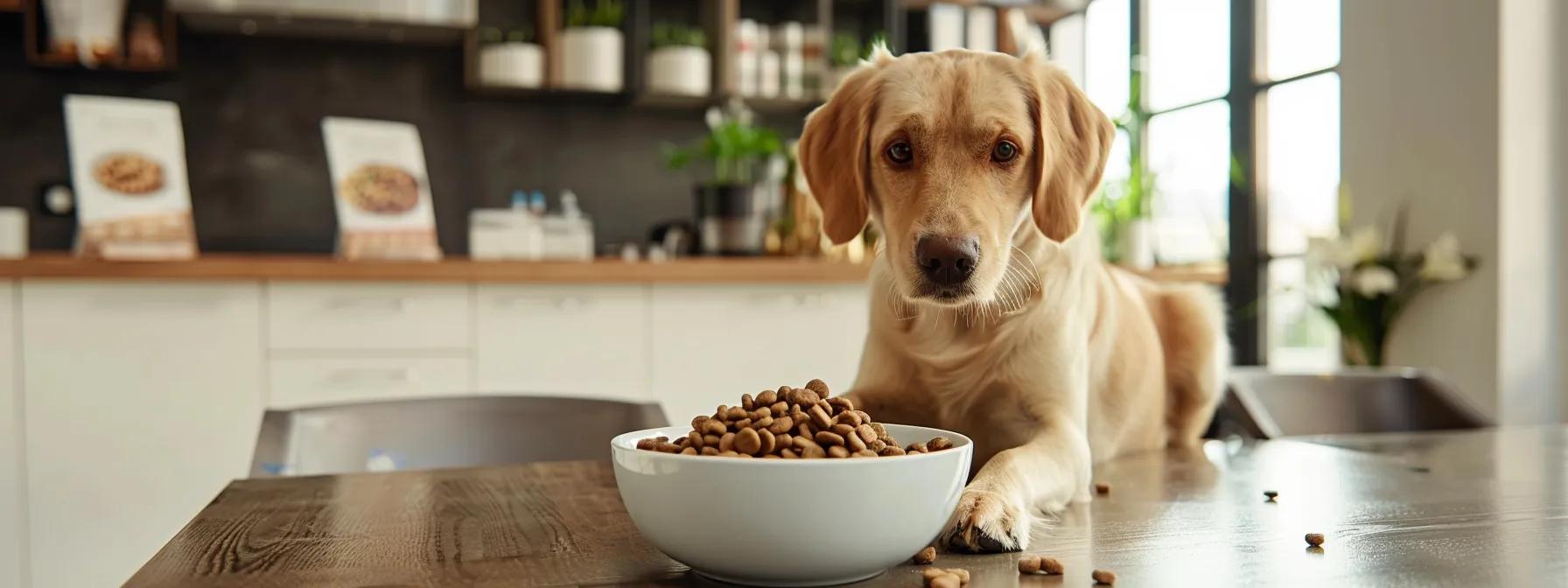 a sleek, modern veterinary office showcases a dog enthusiastically enjoying a bowl of grain-free wet dog food, with informative packaging in the background highlighting its benefits for specific health conditions. a sleek, modern veterinary office showcases a dog enthusiastically enjoying a bowl of grain-free wet dog food, with informative packaging in the background highlighting its benefits for specific health conditions.