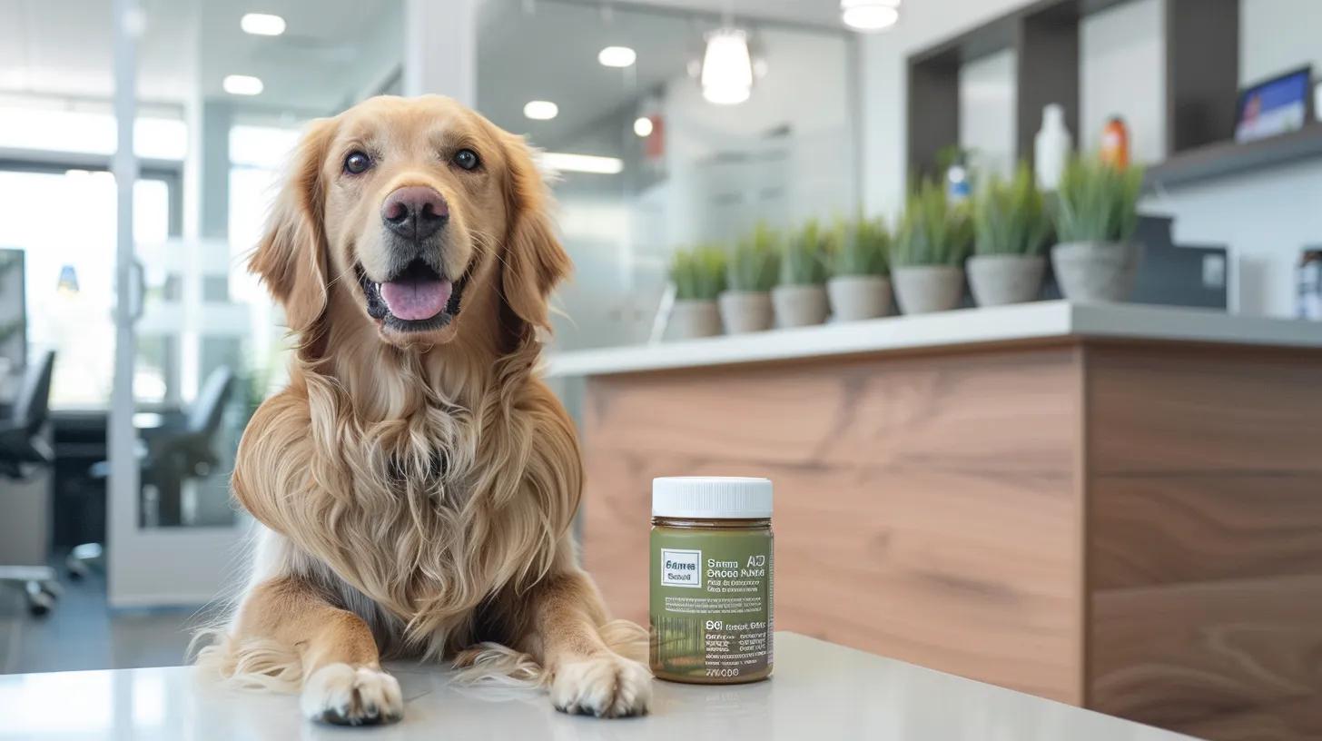 a sleek, modern veterinary clinic interior showcases a healthy dog sitting attentively beside a vibrant, clearly labeled container of green-lipped mussel supplements, emphasizing joint health and vitality. a sleek, modern veterinary clinic interior showcases a healthy dog sitting attentively beside a vibrant, clearly labeled container of green-lipped mussel supplements, emphasizing joint health and vitality.