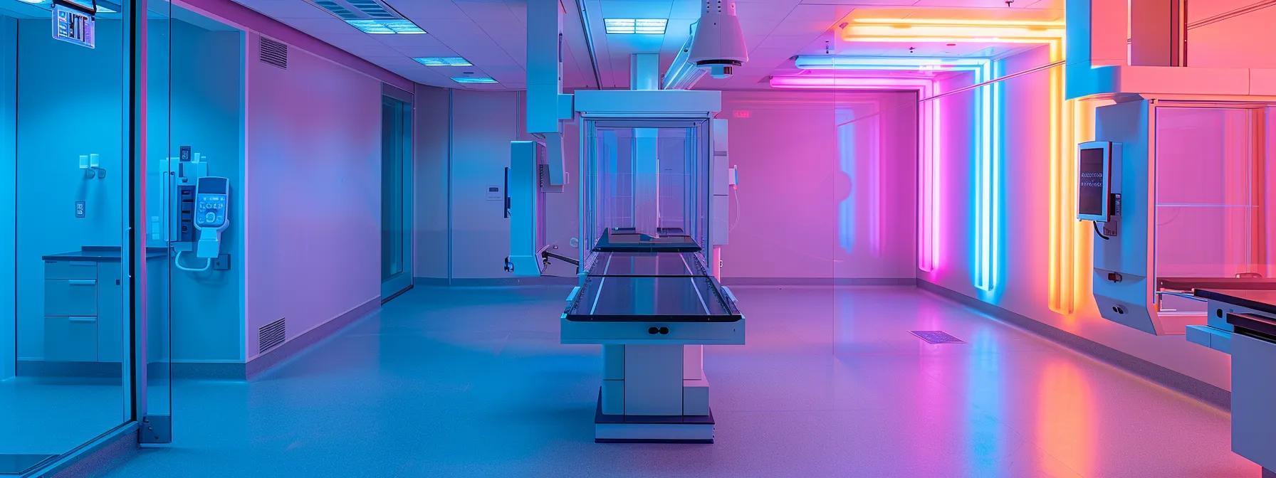 a sleek, modern x-ray room showcases a vibrant array of protective lead glass panels, emphasizing their remarkable clarity and thickness while embodying advanced radiation safety features.