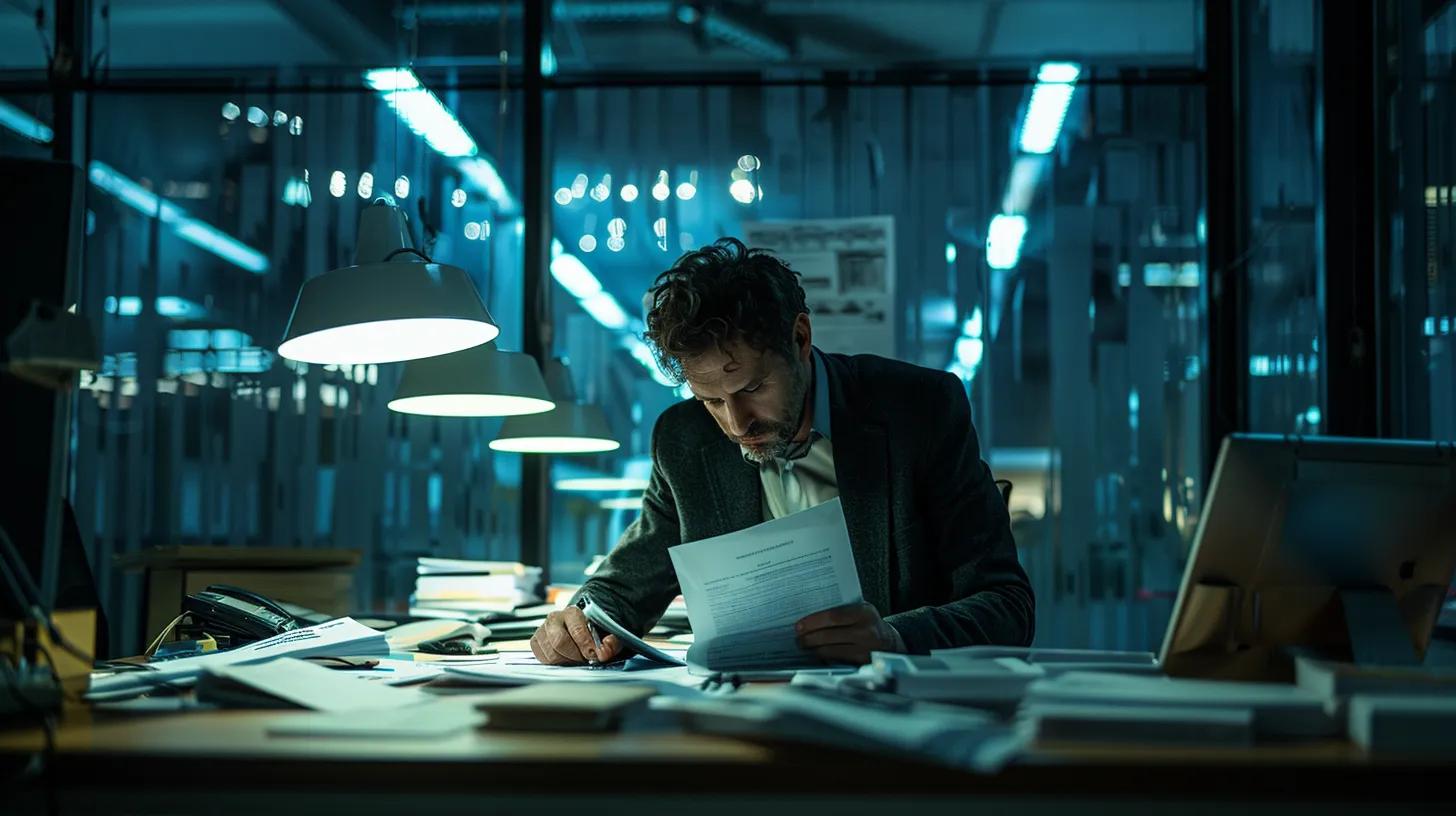 a sleek office environment showcases a professional seated at a modern desk, meticulously organizing financial documents and tax reports, illuminated by bright fluorescent lights, emphasizing the theme of compliance with tax regulations.