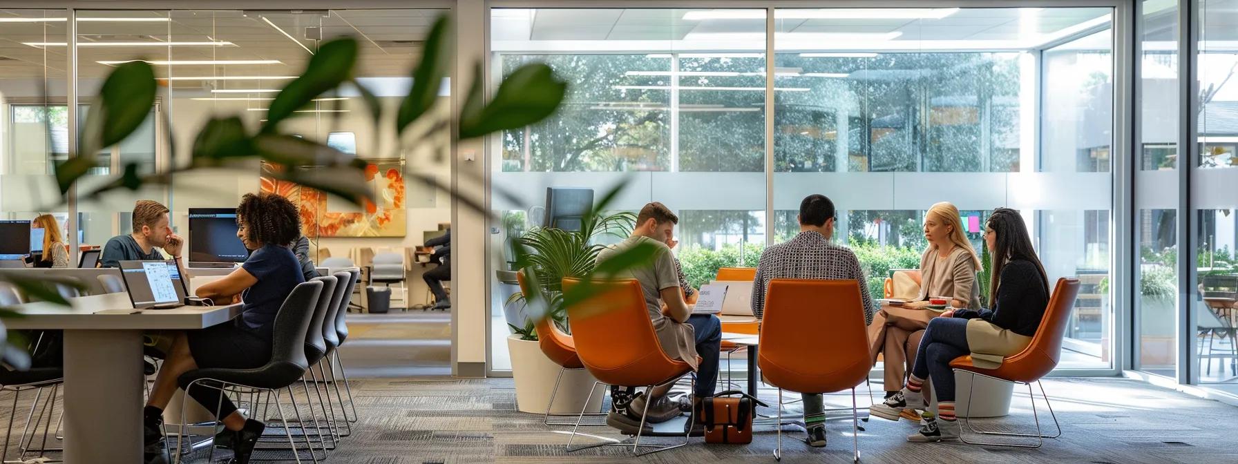a sleek office environment filled with diverse professionals engaged in collaborative discussions over digital devices, showcasing the efficiency and expertise of it outsourcing in fort worth businesses.