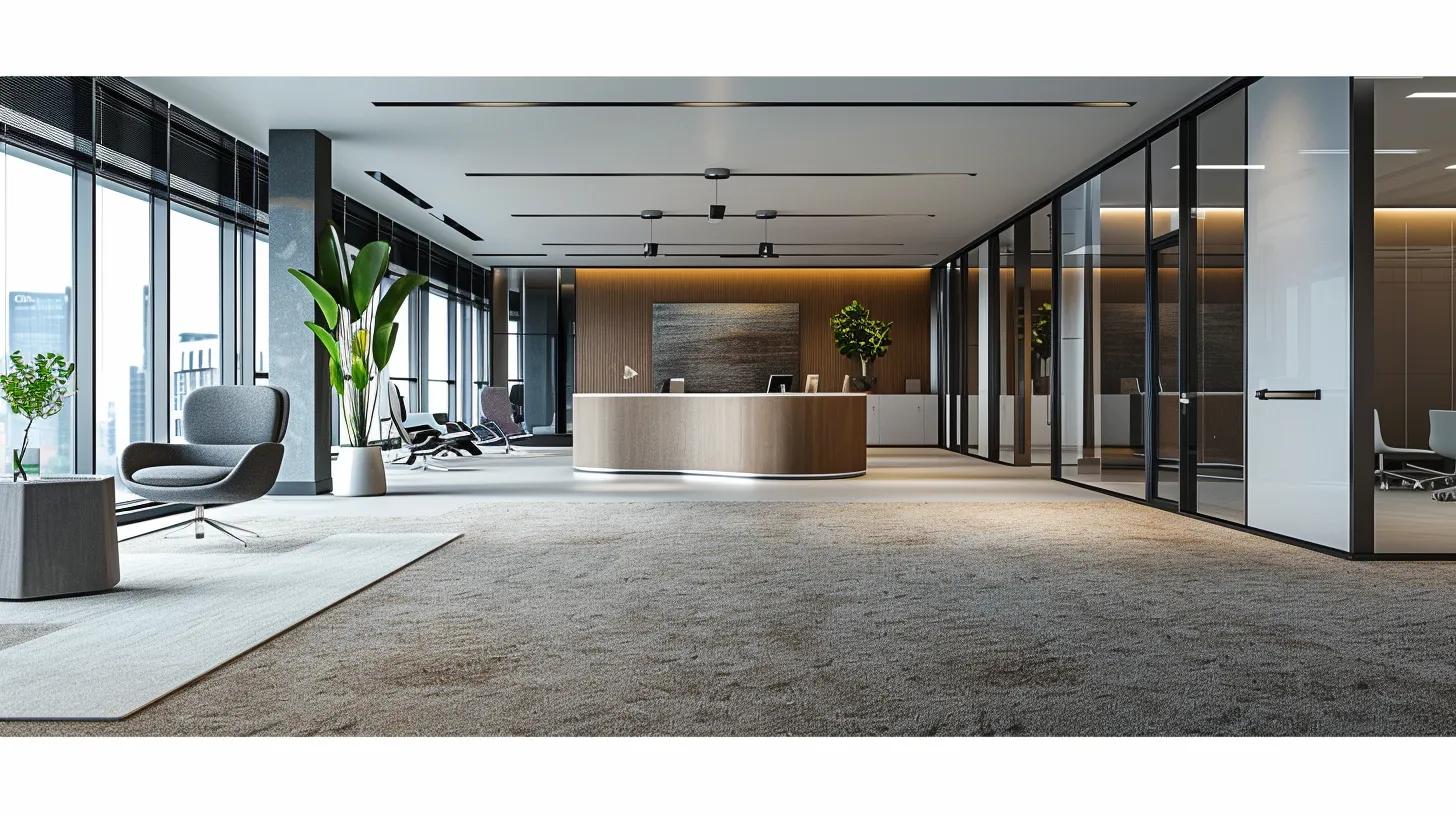 a sleek office environment showcases freshly cleaned carpets, exuding a polished and professional atmosphere that highlights the benefits of using professional-grade carpet shampoo.