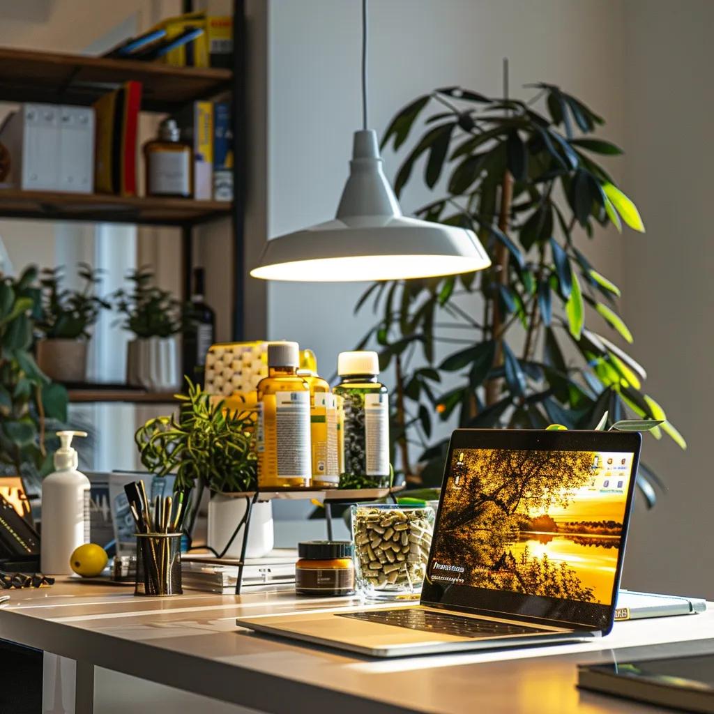 a sleek office workspace features an open laptop displaying research on ibutamoren, surrounded by highlighters and health supplements, under bright, focused overhead lighting to emphasize productivity and effective decision-making in wellness.