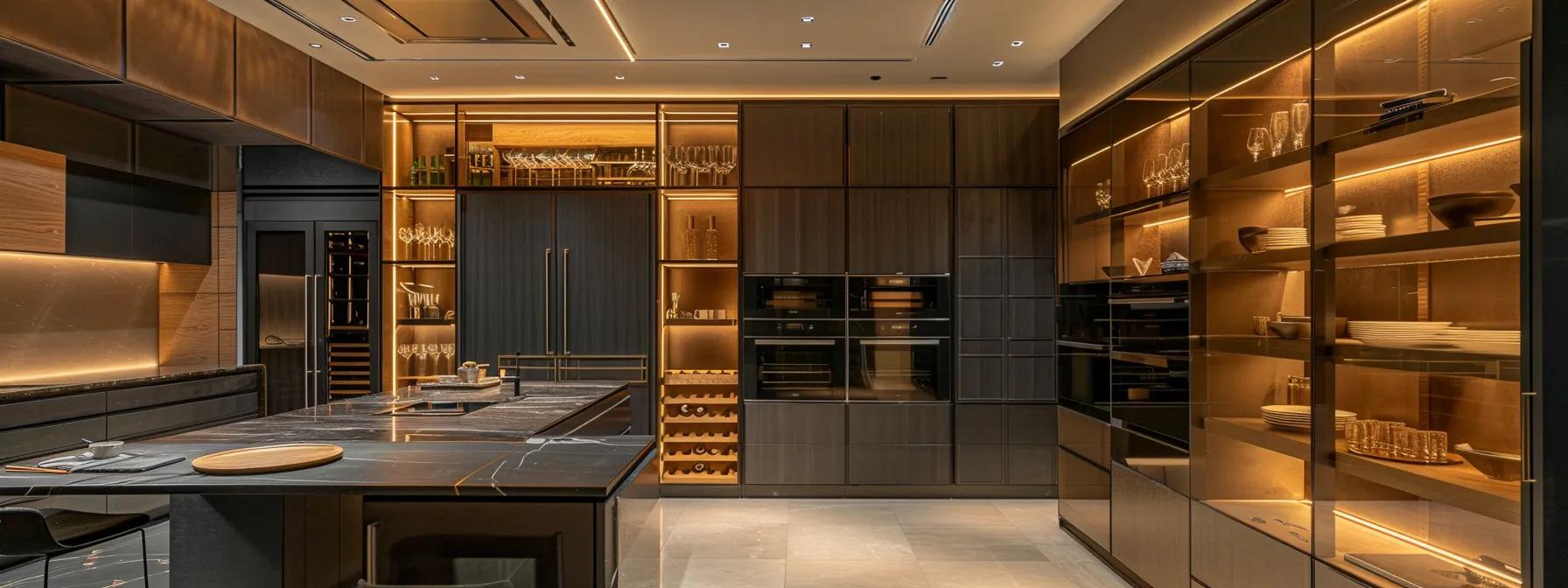 a sleek, sophisticated custom kitchen showcases elegant cabinetry, state-of-the-art appliances, and innovative storage solutions, all illuminated by warm, tailored lighting that highlights its contemporary design and inviting atmosphere.