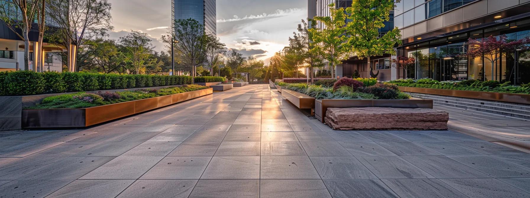 a sleek urban hardscape display features a contemporary arrangement of polished concrete, elegant pavers, and refined natural stone elements, showcasing a harmonious blend of durability and modern design against a chic city backdrop. a sleek urban hardscape display features a contemporary arrangement of polished concrete, elegant pavers, and refined natural stone elements, showcasing a harmonious blend of durability and modern design against a chic city backdrop.