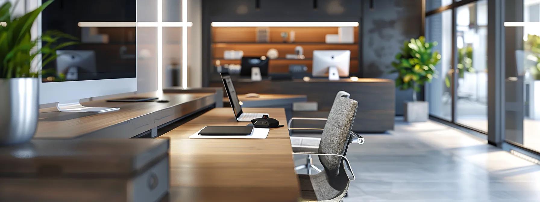 a sleek urban office environment showcases a modern locksmith workstation, complete with high-tech tools and a digital booking interface, emphasizing the convenience and efficiency of requesting locksmith services in hot springs.