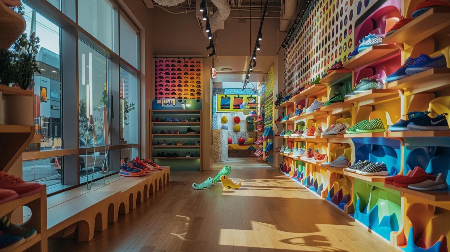 a sleek urban shoe store displays a vibrant array of sustainable children's footwear, featuring colorful designs crafted from eco-friendly materials such as recycled plastics and organic cotton, with highlighted innovations like memory foam insoles and smart closure systems. a sleek urban shoe store displays a vibrant array of sustainable children's footwear, featuring colorful designs crafted from eco-friendly materials such as recycled plastics and organic cotton, with highlighted innovations like memory foam insoles and smart closure systems.