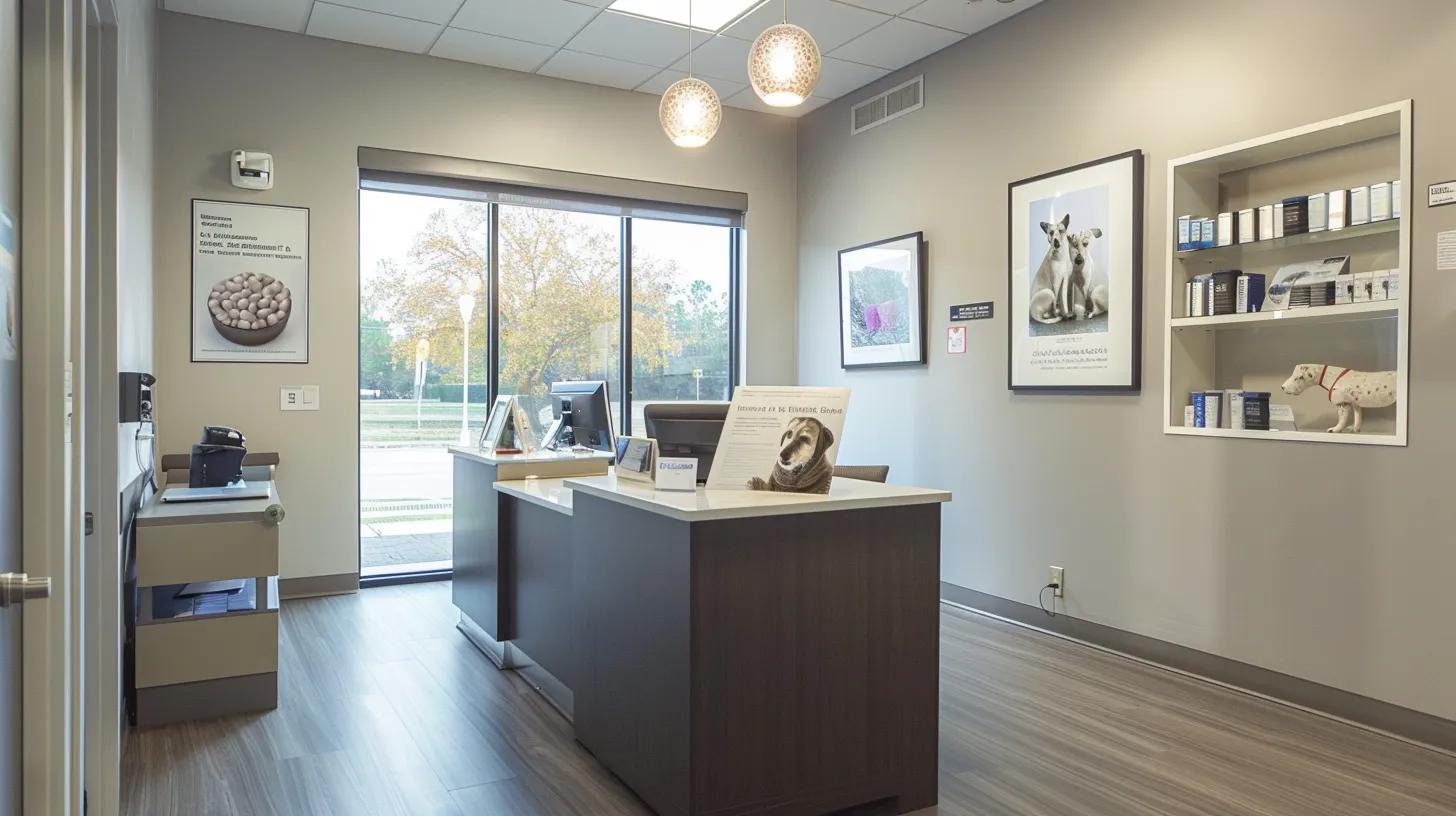 a sleek veterinary office setting with a polished consultation table displaying an informative brochure about the safety measures and potential side effects of green lipped mussel for dogs, illuminated by focused pendant lighting for clarity. a sleek veterinary office setting with a polished consultation table displaying an informative brochure about the safety measures and potential side effects of green lipped mussel for dogs, illuminated by focused pendant lighting for clarity.