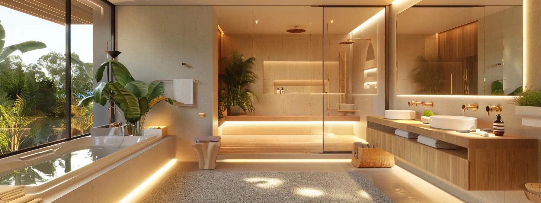 a sophisticated and eco-friendly bathroom showcases sleek, minimalist cabinetry, elegant fixtures, and warm, ambient lighting, embodying a perfect blend of luxury and sustainability tailored for discerning homeowners on the gold coast.