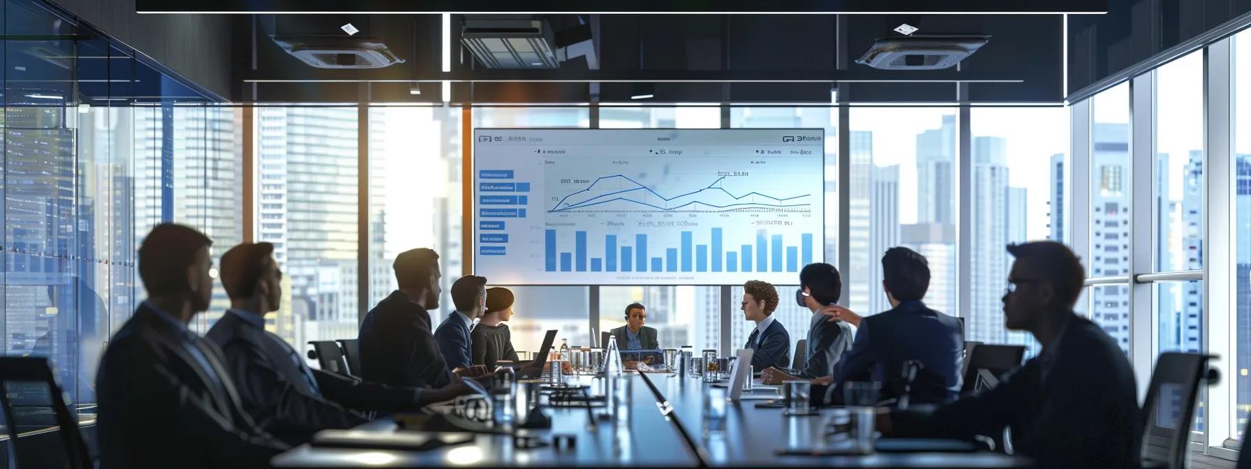 a sophisticated conference room filled with executives engaged in a dynamic discussion, highlighted by a large digital screen displaying glowing graphs and customer testimonials that underscore the significance of company reputation and client trustworthiness. a sophisticated conference room filled with executives engaged in a dynamic discussion, highlighted by a large digital screen displaying glowing graphs and customer testimonials that underscore the significance of company reputation and client trustworthiness.