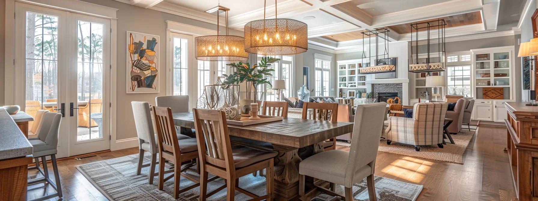 a sophisticated dining room showcasing elegant handcrafted wooden furniture with clean lines, highlighted by soft, ambient lighting, reflecting the upscale southern design aesthetic of a modern alpharetta home.