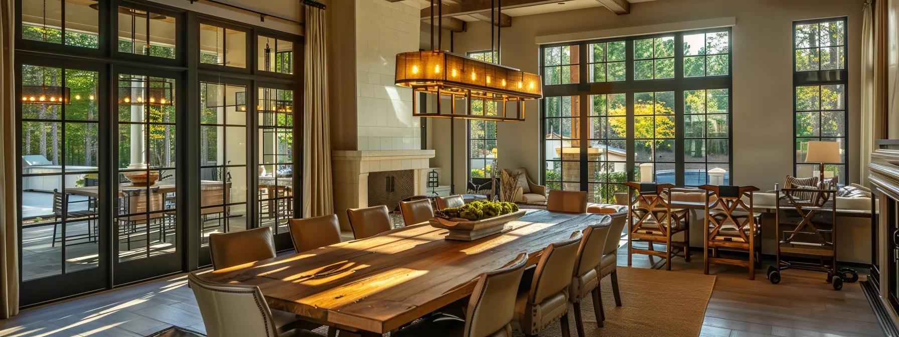a sophisticated interior view of a luxury custom dining room in basilica furniture's alpharetta showroom, showcasing handcrafted wooden furnishings, sleek lines, and an elegant southern design aesthetic, illuminated by warm, natural light filtering through large windows.