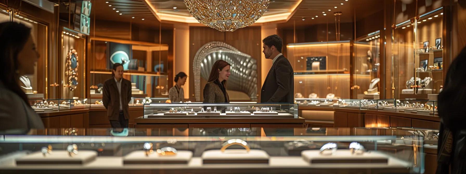 a sophisticated jewelry store interior showcases an elegant display of unique wedding bands, with a knowledgeable salesperson engaging candidly with a couple, surrounded by soft, warm lighting that highlights the exquisite craftsmanship of the rings. a sophisticated jewelry store interior showcases an elegant display of unique wedding bands, with a knowledgeable salesperson engaging candidly with a couple, surrounded by soft, warm lighting that highlights the exquisite craftsmanship of the rings.