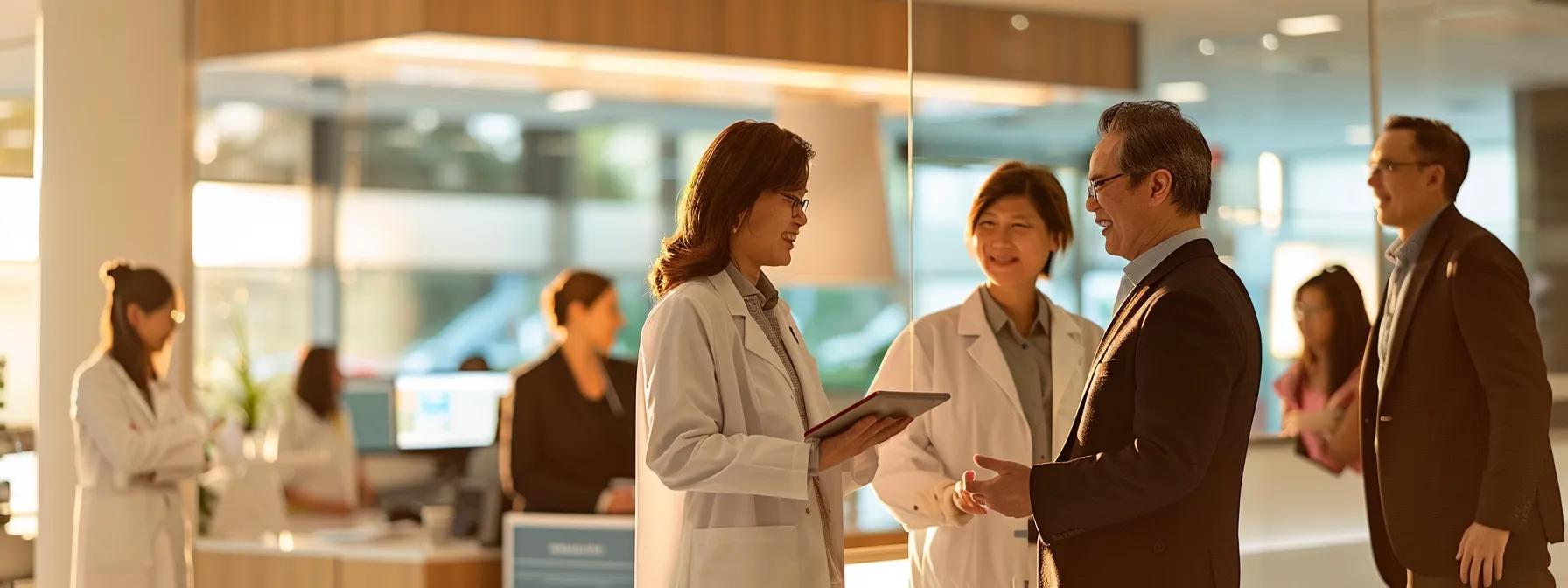 a sophisticated office scene features a diverse group of professionals engaged in a dynamic discussion over a digital tablet displaying health plan benefits, illuminated by sharp, focused lighting that emphasizes their collaborative energy and strategic planning. a sophisticated office scene features a diverse group of professionals engaged in a dynamic discussion over a digital tablet displaying health plan benefits, illuminated by sharp, focused lighting that emphasizes their collaborative energy and strategic planning.