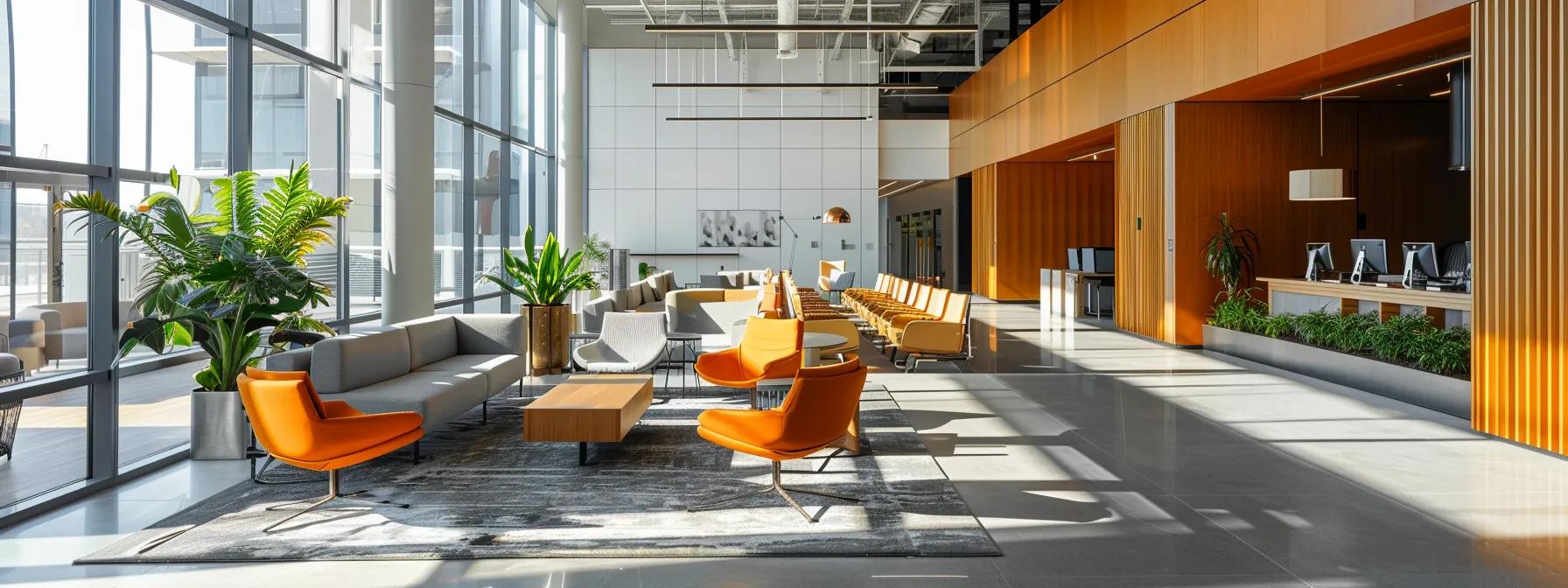 a sophisticated urban office space showcases sleek furniture and innovative design elements, embodying the essence of elevated living and working as chosen by omaha for trade craft design.