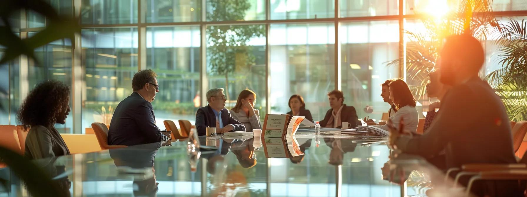 a spotlighted modern conference room filled with engaged professionals passionately discussing books and diagrams illustrating narrative theory on a sleek glass table.