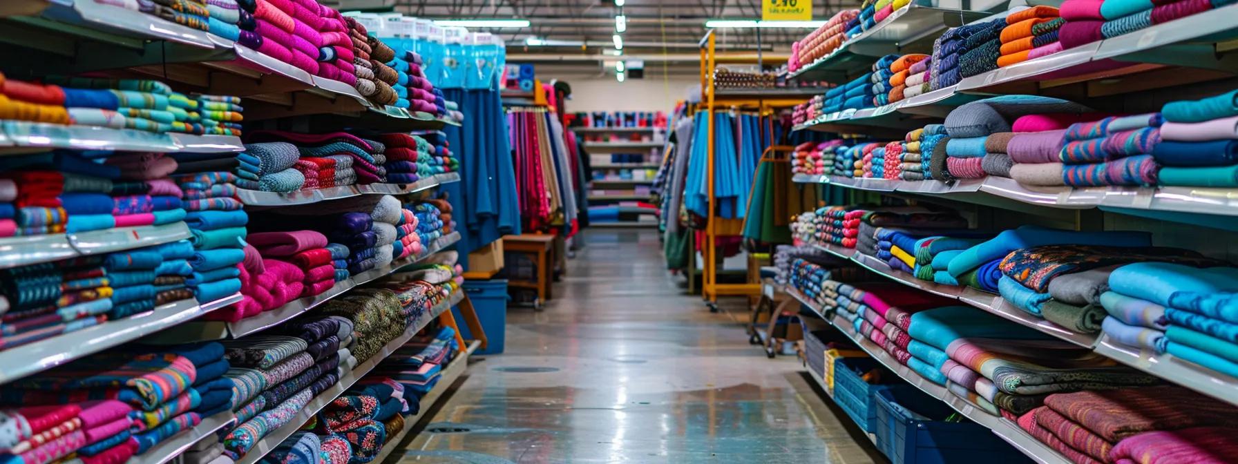 a stark, empty fabric store aisle filled with shelves partially stocked with colorful textiles and crafting supplies, highlighting the stark contrast between abundance and scarcity as shoppers search for essentials amidst visible gaps. a stark, empty fabric store aisle filled with shelves partially stocked with colorful textiles and crafting supplies, highlighting the stark contrast between abundance and scarcity as shoppers search for essentials amidst visible gaps.