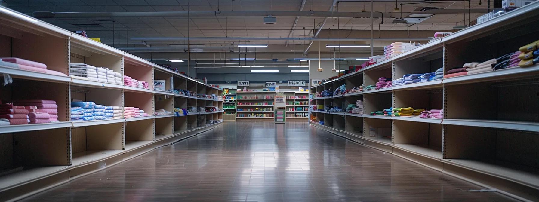 a stark, empty joann fabrics store, with shelves barren of crafting supplies, illuminated by harsh fluorescent lights, highlighting the impact of store closures on local crafting communities.