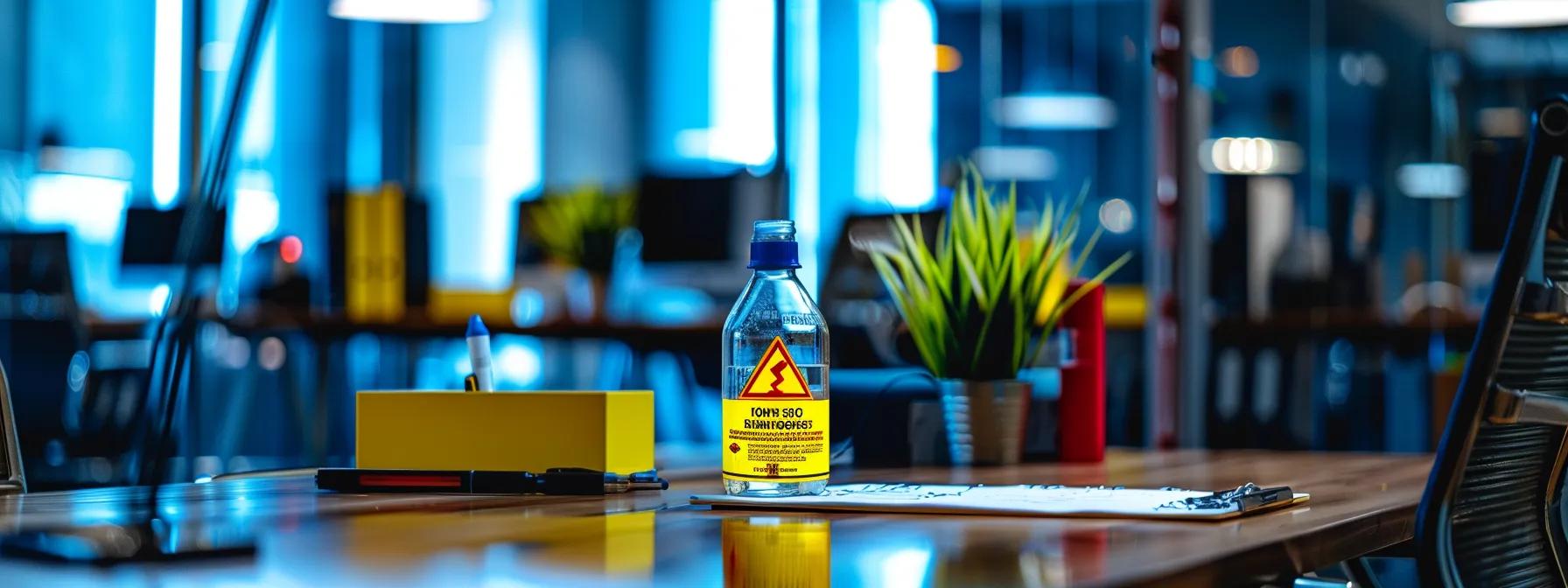a stark office environment features a prominently displayed, hazardous rodenticide label on a sleek, modern desk, emphasizing the potential dangers through its bold warning graphics and vivid color contrast against the minimalist decor.
