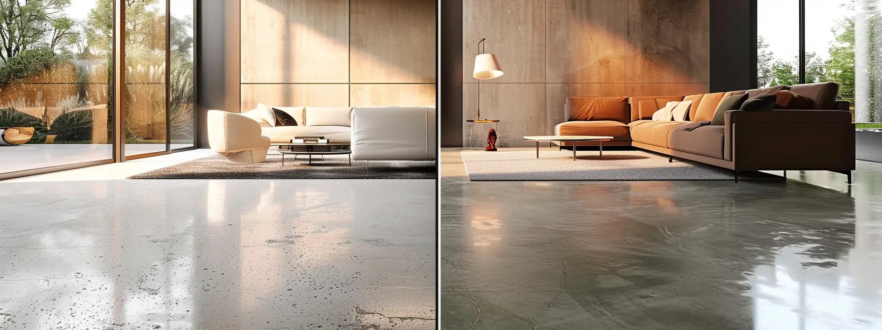 a striking comparison showcases a gleaming decorative concrete floor on the right, highlighting its pristine elegance, while the left side displays the same floor in a worn and dull state, set against a modern, stylish indoor space with elegant furnishings.