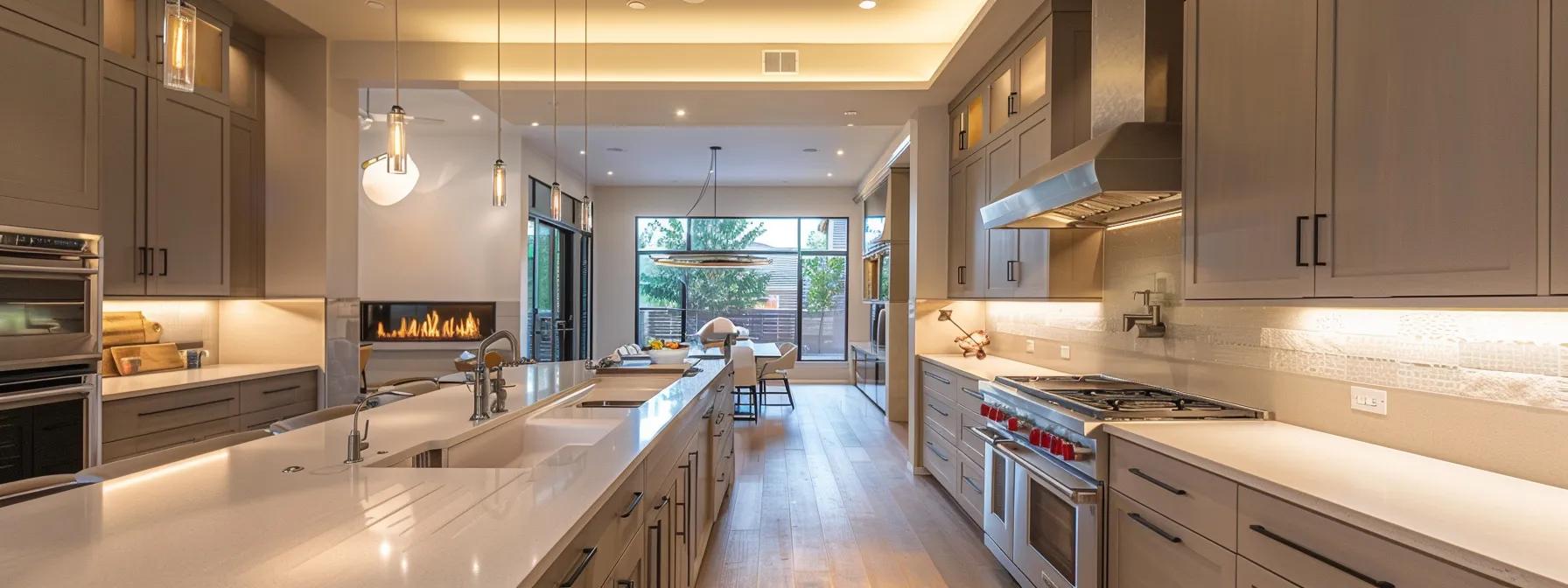 a stunning, contemporary kitchen showcases sleek cabinetry and elegant fixtures, complemented by soft, warm lighting that highlights the harmonious blend of style and functionality, embodying the essence of luxurious interior design.