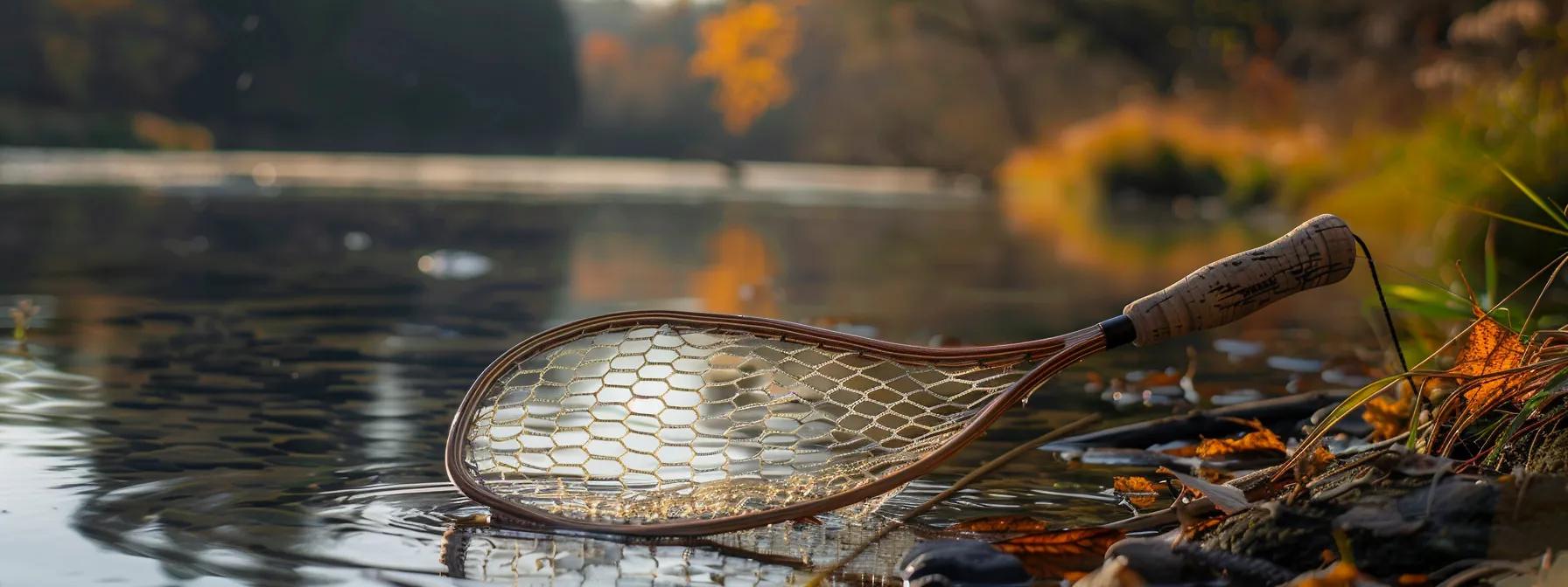a sturdy carbon handle extends gracefully from a sleek mesh net, poised for action on the edge of a tranquil river. a sturdy carbon handle extends gracefully from a sleek mesh net, poised for action on the edge of a tranquil river.