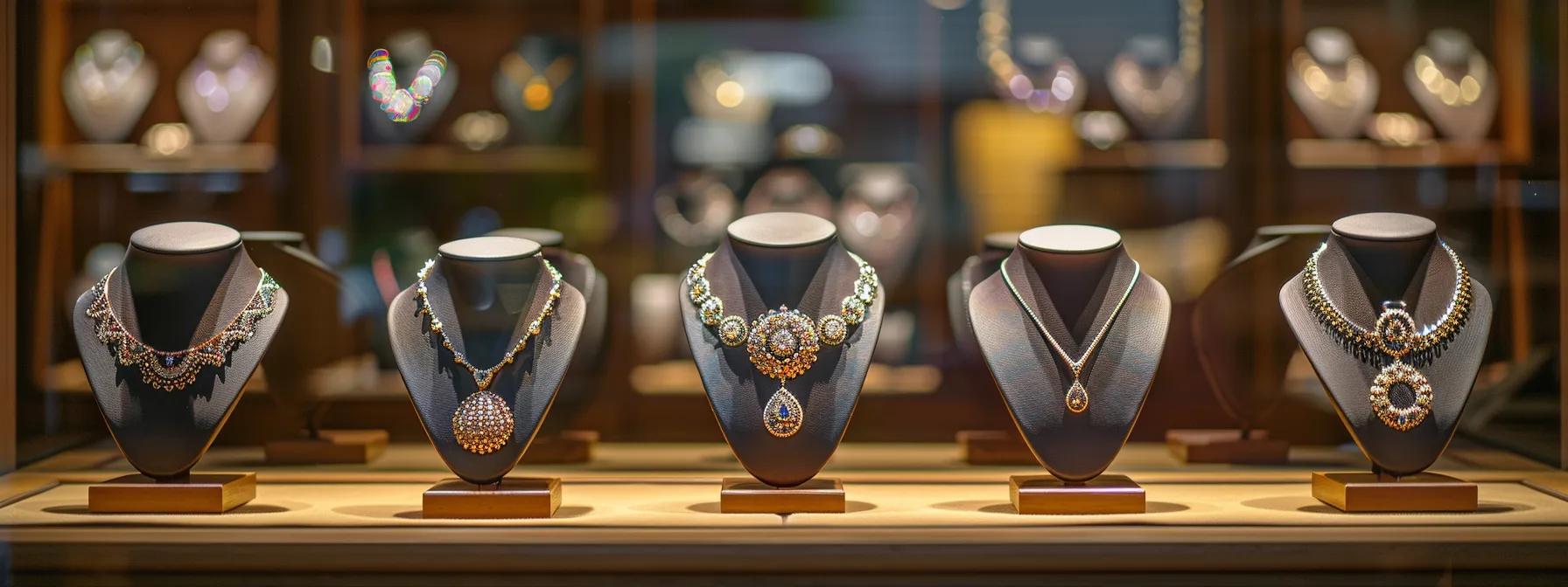 a stylish and contemporary jewelry display showcases a collection of statement necklaces, blending intricate craftsmanship with modern design elements in an upscale boutique setting, adorned with soft spotlighting to highlight each unique piece.