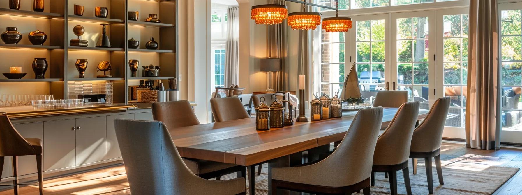a stylish, luxury dining room in a modern alpharetta home features exquisite handcrafted wood furniture with sleek lines and an upscale southern design aesthetic, perfectly illuminated by natural light to highlight its meticulous craftsmanship.