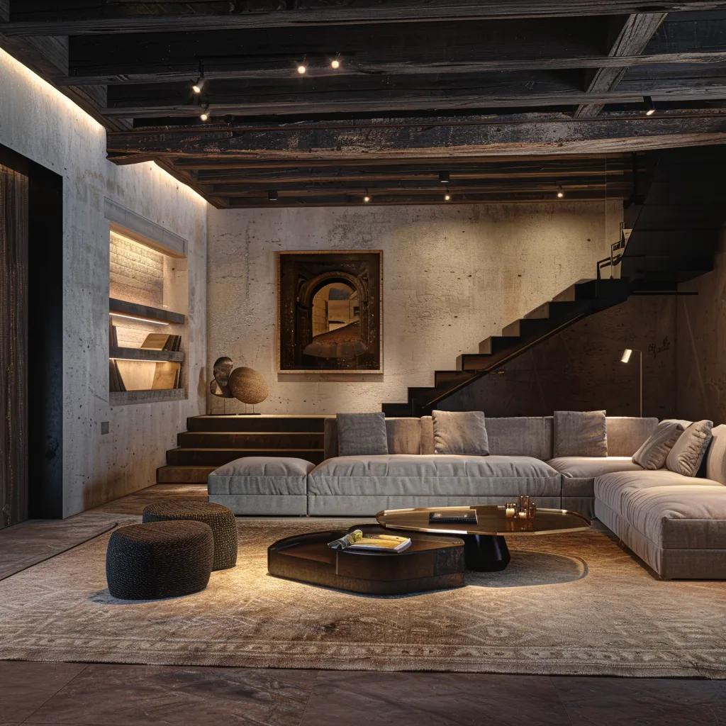 a stylish modern basement designed as an inviting retreat, showcasing sleek furnishings, ambient lighting, and creative use of structural elements like exposed beams and concrete walls, all set against a contemporary backdrop. a stylish modern basement designed as an inviting retreat, showcasing sleek furnishings, ambient lighting, and creative use of structural elements like exposed beams and concrete walls, all set against a contemporary backdrop.