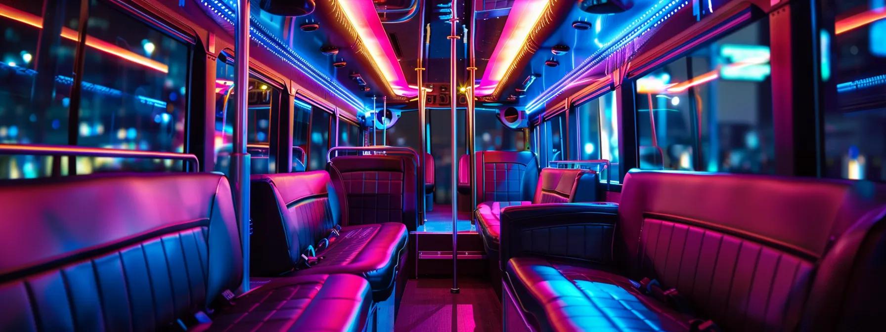 a stylish, modern party bus parked in an urban setting, featuring vibrant interior lights and elegant seating, with a futuristic booking interface displayed prominently, emphasizing the theme of cost-effective reservation strategies.